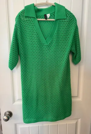 H&M Green Open-Knit Polo Short-Sleeve Sweater thumbnail 1