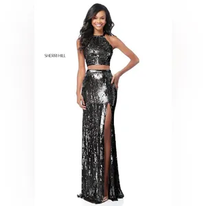 Sherri Hill Style 51662 High Slit Two Piece Sequin Dress Size 6 thumbnail 3