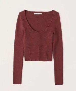 Abercrombie & Fitch Scoop Neck Burgundy Ribbed Corset Sweater Cropped Top Small thumbnail 1