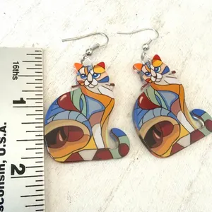 Colorful Stained Glass Style Cat Dangle Earrings thumbnail 7