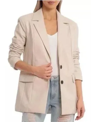 Avec Les Filles Faux Leather Structured Boyfriend Blazer Cream‎ Beige XL thumbnail 1