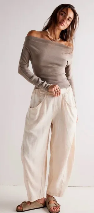 🆕 NWT Free People High Road Barrel Pants Linen Boho Wide-Leg Pockets Tan Large thumbnail 1