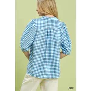 Umgee Gingham Puff Sleeve Collared Blouse - Blue -‎ Small thumbnail 3