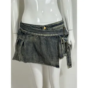 Vintage Y2K Women’s Denim Cargo Mini Skort Low Rise Belted Pockets 2000s Size M thumbnail 2