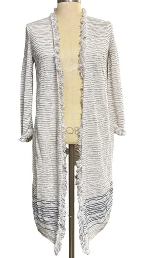 NIC+ZOE S Ivory Gray Textured Wave Knit‎ Fringe Longline Open Front Cardigan thumbnail 1