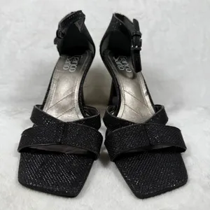 Franco‎ Sarto Womens Black Shimmer Square Toe Flare Heel Ankle Strap Sandals 8M thumbnail 5