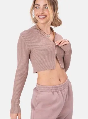 Adika Beige Double Zipper Ribbed Long Sleeve Jacket thumbnail 1