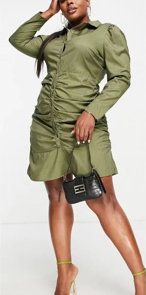 NWT Missguided Sexy Ruched Mini Dress Front Slit Stretchy Long Sleeve 14 Green thumbnail 1