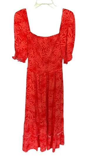 Betsey Johnson Maxi Dress‎ Large Orange Palm Leaf Print Tropical Tiered Smocked thumbnail 1
