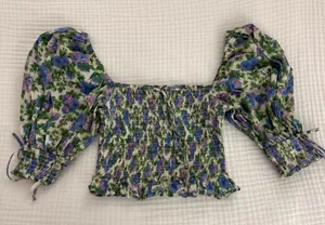For Love & Lemons Floral Smocked Puff Sleeve Crop Top thumbnail 1