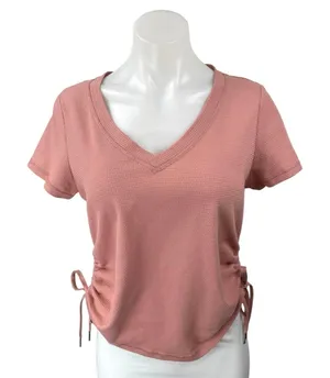 Calvin Klein Pink Waffle Knit Ruched Short Sleeve V Neck T Shirt Tee Top Size S thumbnail 1