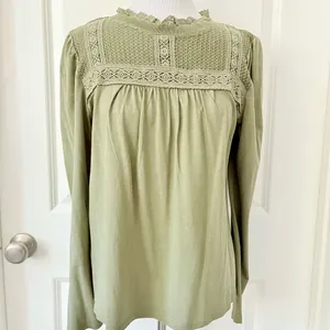 LOFT Olive Green Ruffle Lace Neck Top NWT Small thumbnail 2