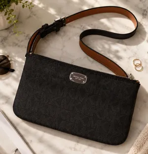 Michael Kors‎ Logo Belt Bag Black Gray Brown Waist Fanny Pack Purse Sz Medium thumbnail 1