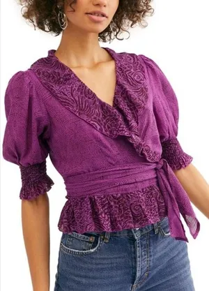 Free People Olivia Purple Printed Tie Waist Cropped Puff Sleeve Wrap Top Size XS thumbnail 1