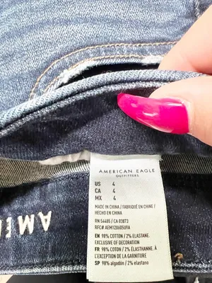 American Eagle Dark Wash Blue Raw Hem Frayed Denim Hi-Rise Shortie Jean Shorts thumbnail 8