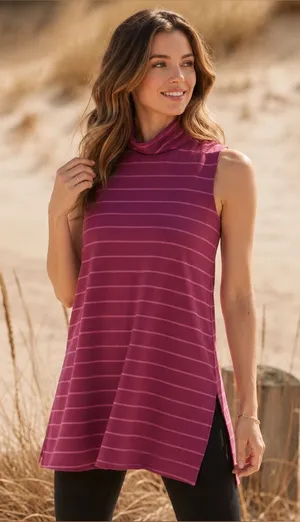 Garnet Hill Mock Turtleneck Tunic Top | Size Large | Burgundy Stripe | EUC thumbnail 1
