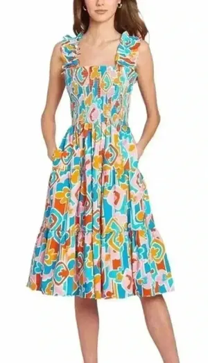 NWOT Amanda Uprichard Adelene Smocked A-Line Midi Dress Miami Print S thumbnail 1