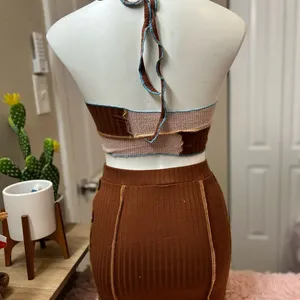 Women’s Patchwork Halter Crop Top & Ribbed Skirt Set XS Brown Pink Two Piece Out thumbnail 3