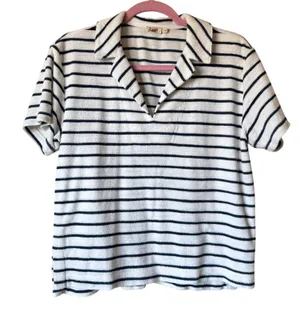 Faherty Blue White Striped Terry Knit Short Sleeve Top Womens M Polo Casual thumbnail 1