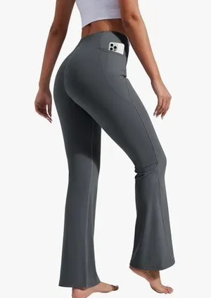NEW Gray Flare Yoga Pants Bootcut Leggings Pockets High Waist Tummy Control S thumbnail 1