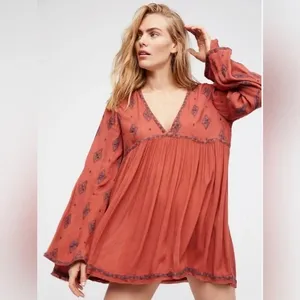 Free People Diamond Embroidered Mini Dress Boho Bell Sleeve Tunic Rust Small thumbnail 3