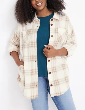 Maurices Wilder Fleece Shacket White & Cream Plaid Oversized thumbnail 1