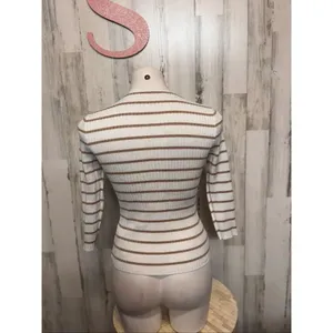 White & Brown Striped Henley Ribbed Knit Top – Small thumbnail 5