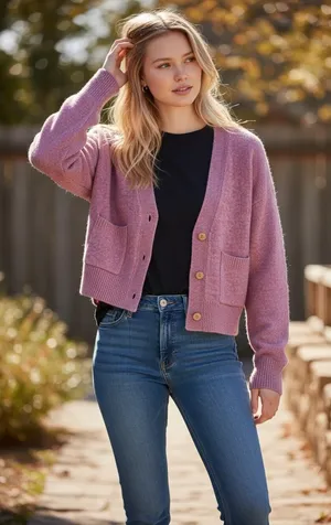 Abercrombie & Fitch Pink Knit Tan Button Pocket Cropped Cardigan Sweater Size XS thumbnail 1