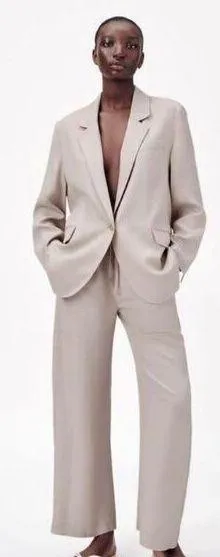 ZARA NEW Women's Size Beige One-Buttoned Long Sleeve Oversized Blazer Jacket Tan thumbnail 1