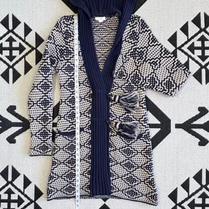 Anthropologie Fiets Voor2 Wool Blend Hooded Tassel Cardigan Sweater in Navy Beige Medium thumbnail 9