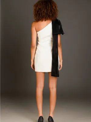 NWT Endless Rose One Shoulder Bow Tie Mini Dress Black/White M thumbnail 4
