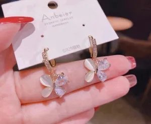 Women's Crystal Butterfly Drop Dangle Hoop Earrings thumbnail 1