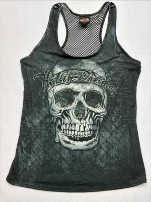 Harley-Davidson size large y2k rhinestone Black Skull Racerback Tank Mesh biker thumbnail 1