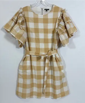 Who What Wear Womens M Mustard Yellow Gingham Cotton Ruffle Sleeve Mini Dress thumbnail 1