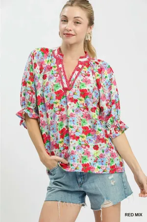 Umgee Mix Floral Print‎ Ruffle Top - Red- Small thumbnail 1