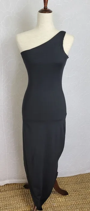 Venus One Shoulder Dress Womens XS Black Midi Hi-Low Hem Stretchy Built in Bra thumbnail 1