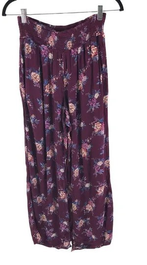 Xhilaration Womens Pants Pull On Wide Leg Crinkled Floral Purple M thumbnail 1