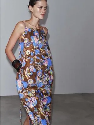 NWT Zara Floral Midi Apron Cotton Brown Dress Sz L thumbnail 5