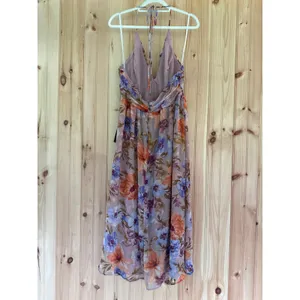 NWT Lulus Danelle Taupe Floral Halter A-Line Midi Dress Wedding Bridesmaid Sz L thumbnail 4