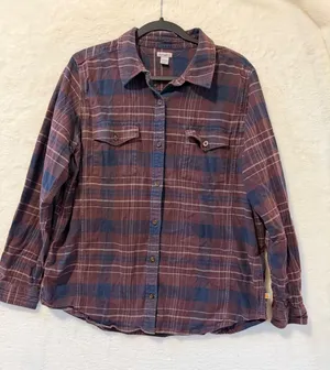 Carhartt Flannel Shirt Womens XL Maroon Navy Blue Plaid Button Down Long Sleeve thumbnail 1