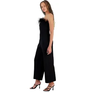 NWT Sam Edelman Womens Strapless Bandeau Neck Feather Trim Jumpsuit Black 8 thumbnail 3