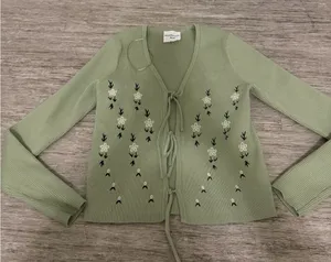 Tie-Front Embroidered Ribbed Cardigan - Sage Green thumbnail 1