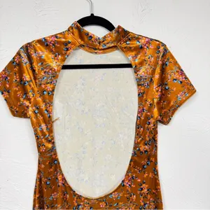 Savage Fenty Orange Velvet Floral Mini Dress Womens 10 Short Sleeve High Neck thumbnail 5