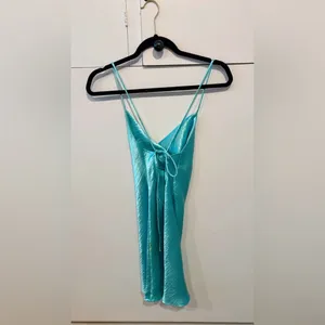 RESA Satin Mini Dress Teal Blue Slip Dress Cowl Neck Back Tie Party Date Night thumbnail 6