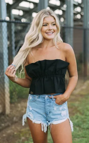 Black strapless ruffle top these three boutique  thumbnail 1