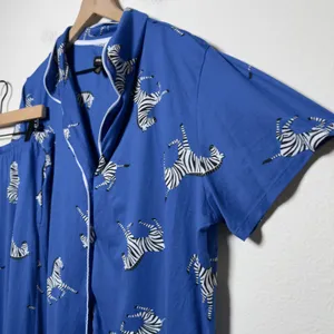 Room Service Womens Pajama Set Large Blue Zebra Print Short Sleeve Crop Pants thumbnail 9