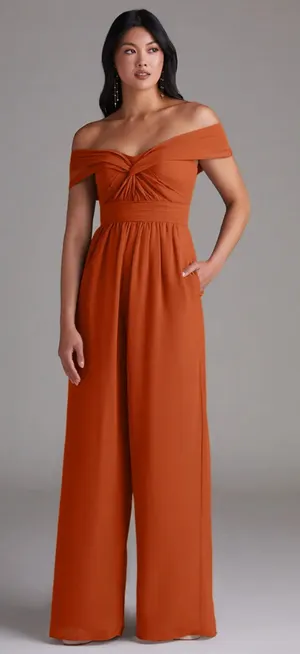 NWT Azazie Lamara Burnt Orange Off the Shoulder Chiffon Convertible Jumpsuit thumbnail 1