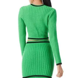 Alice + Olivia Jenae Cable Knit Cardigan S Preppy Twee Crop Green Wool Sweater thumbnail 2