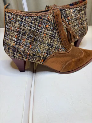 Irregular Choice Brown Suede Tassel Ankle Booties with Tweed Panels thumbnail 3