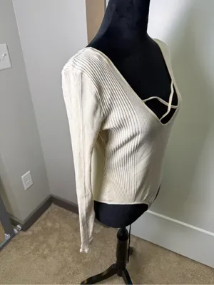 Aerie Cream‎ Off White Ribbed Bodysuit Strappy Criss Cross Casual Stretch Lg thumbnail 2